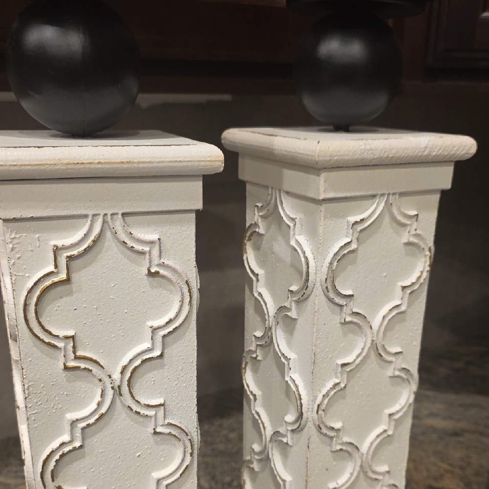 Distressed White Carved Pillar Candle Holders with Black Accents - Pair - Picture 7 of 8